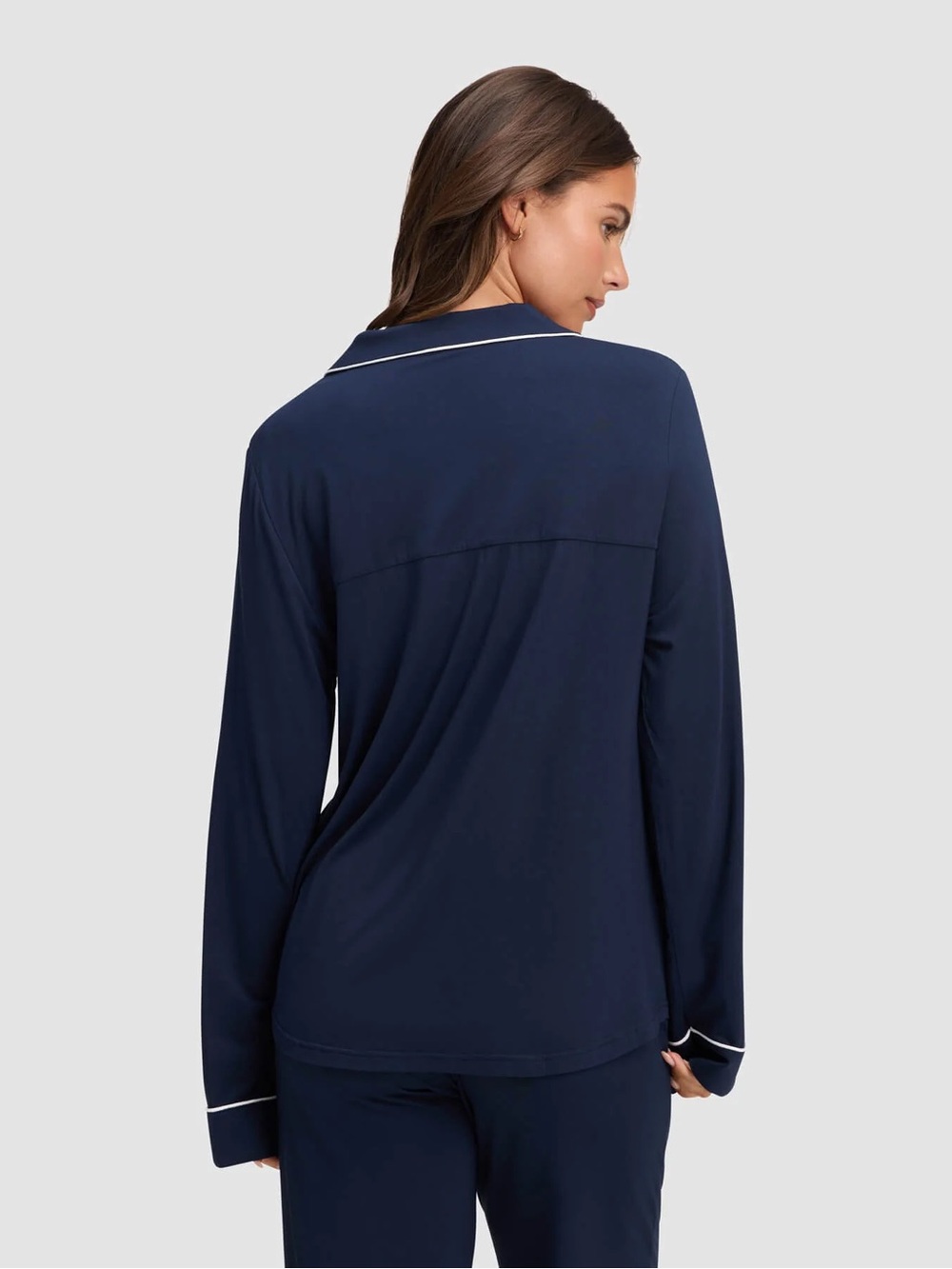 Cozy Earth Navy Blue Pajama Top White Piping Button Down Lounge Sleepwear - Picture 2 of 9